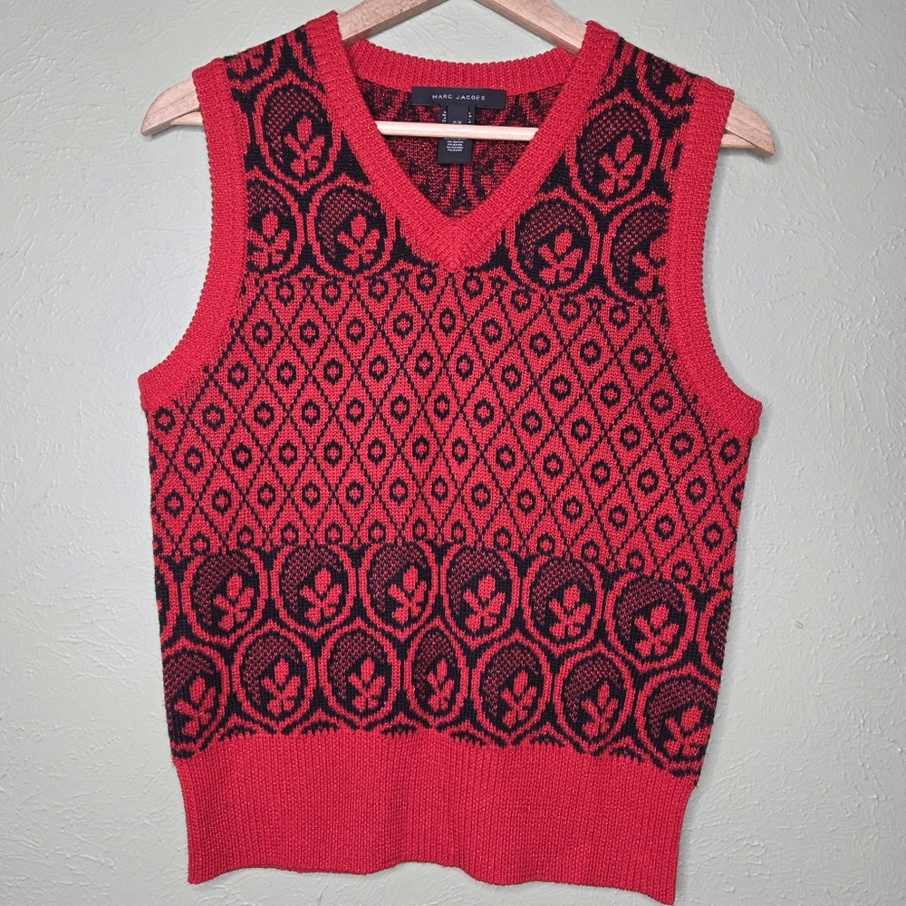 Marc Jacobs Red Black Wool Fair Isle Graphic Sweater Vest Medium